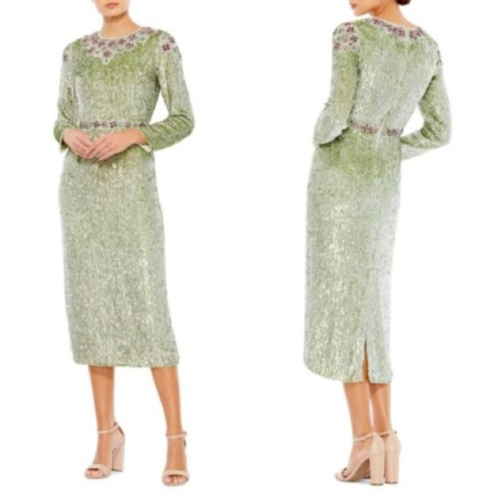 Mac Duggal Floral Beaded Tea-Length sage sequin long sleeve dress size 4. NWT